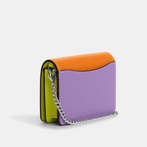 Coach Mini Wallet On Chain Bag in Colorblock Bright Yellow/Mandarin Leather NWT - Picture 5 of 11